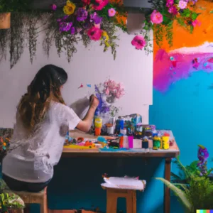 mujer pintando un mural con flores sentada en un escritorio lleno de pinturas